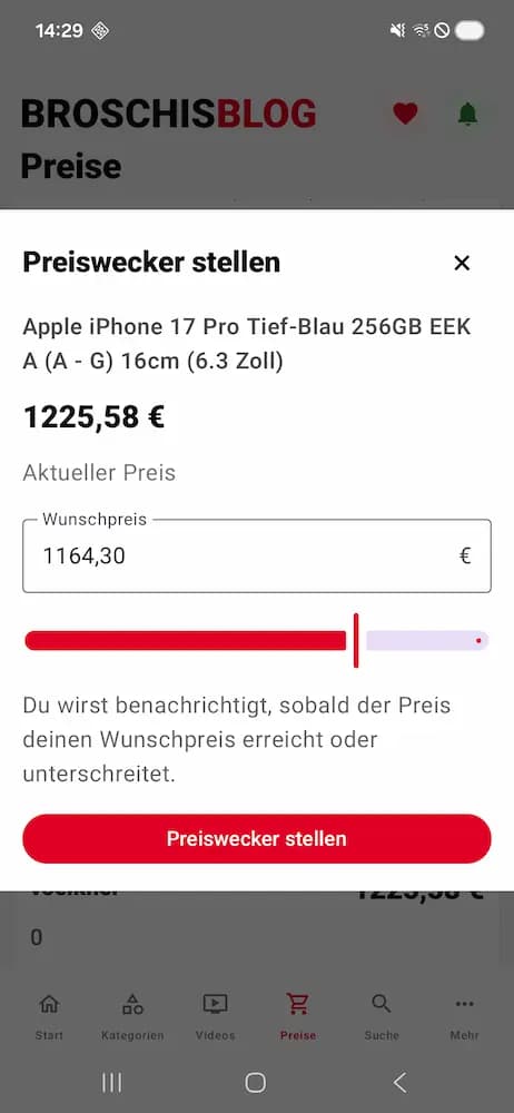 Preisalarm-Dialog der BroschisBlog Android-App