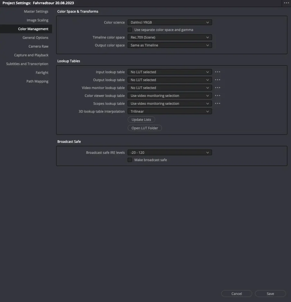 Davinci Resolve Color Management Einstellungen_