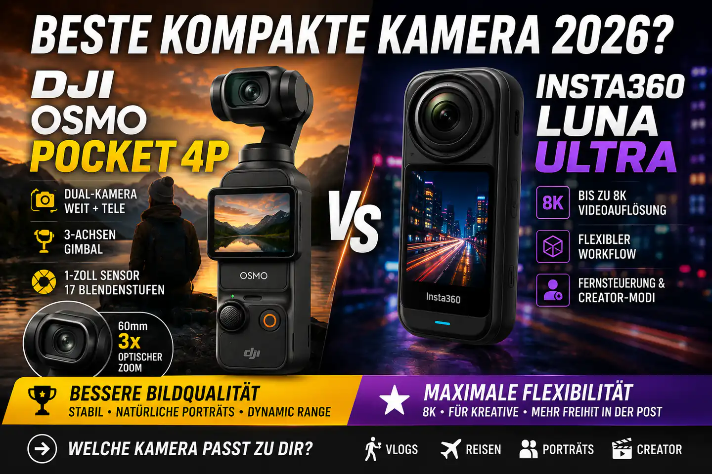 DJI Osmo Pocket 4P oder Insta360 Luna Ultra: Welche Doppelkamera passt wirklich?