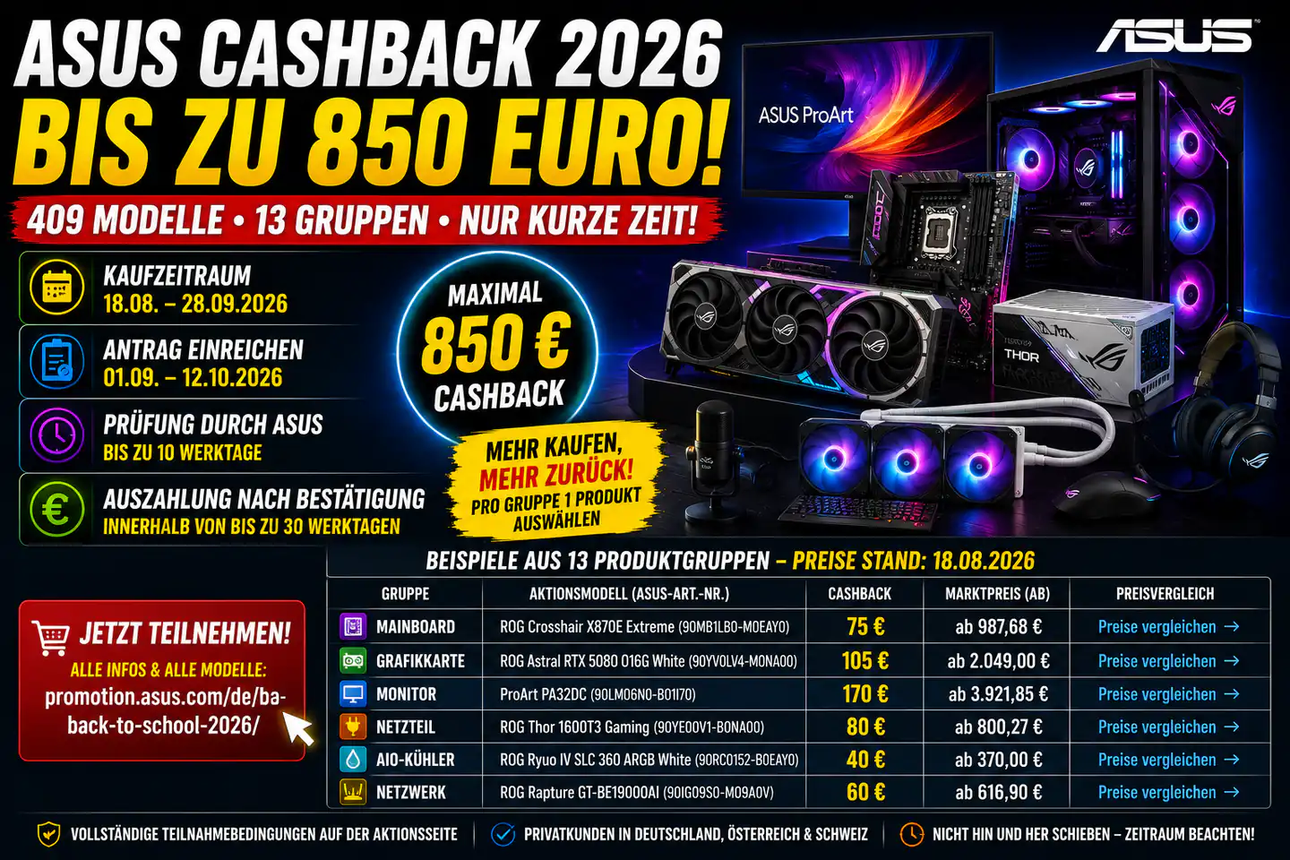 ASUS Back to School 2026: Bis zu 850 Euro Cashback – Produkte und Preise