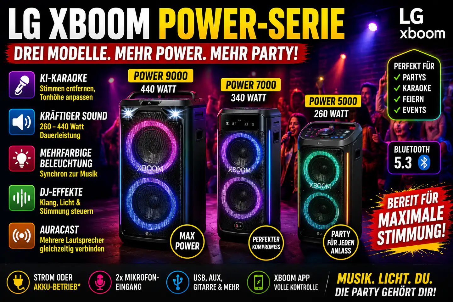 LG xboom Power 9000, 7000 und 5000: Viel Leistung, aber nicht für jede Party die beste Wahl