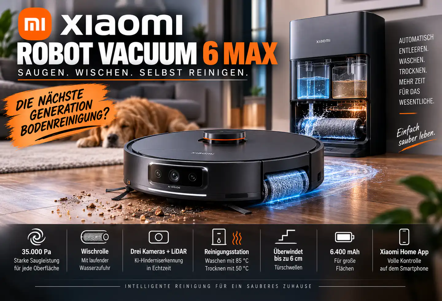 Xiaomi Robot Vacuum 6 Max: Der Saugroboter will beim Wischen neue Maßstäbe setzen