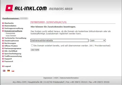 All-inkl com Members Bestellung neue Webseite