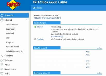 USB Tethering Fritzbox Einstellungen