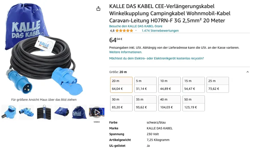 KALLE DAS KABEL CEE-Verlängerungskabel Winkelkupplung Campingkabel Wohnmobil-Kabel