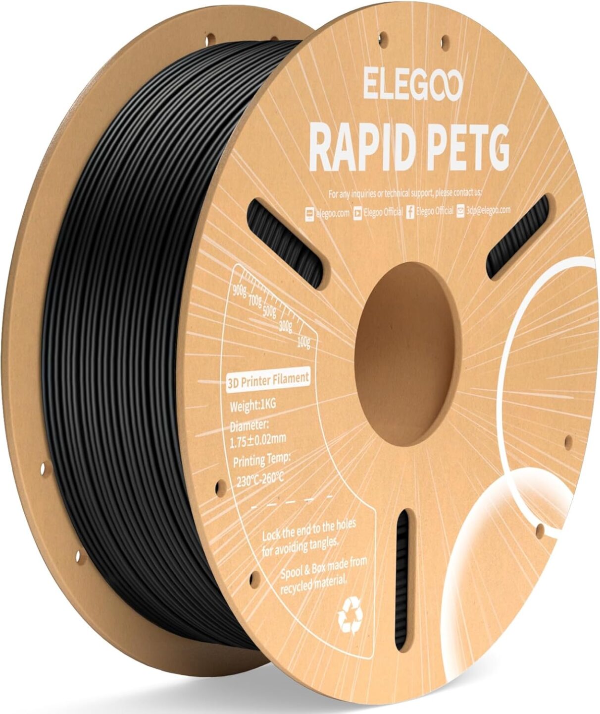 ELEGOO Rapid PETG Filament 1.75mm Schwarz 1 KG, High Speed 600mm/s 3D Drucker Filament